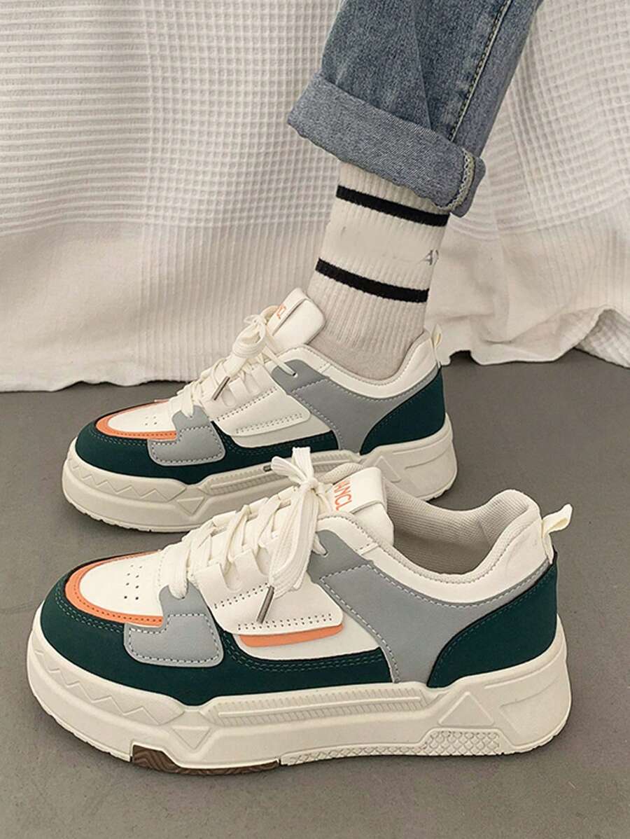 女士时尚百搭透气舒适防滑耐用休闲运动鞋，黑白混色圆头运动鞋