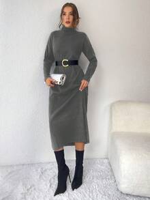 EURMUSE Women'S Stand Collar Drop Shoulder Long Sleeve Rib Sweater Dress - Grey - View 4