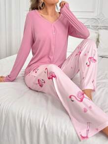 火烈鳥圖案長袖長褲睡衣套裝 - 粉色 - 查看 1
