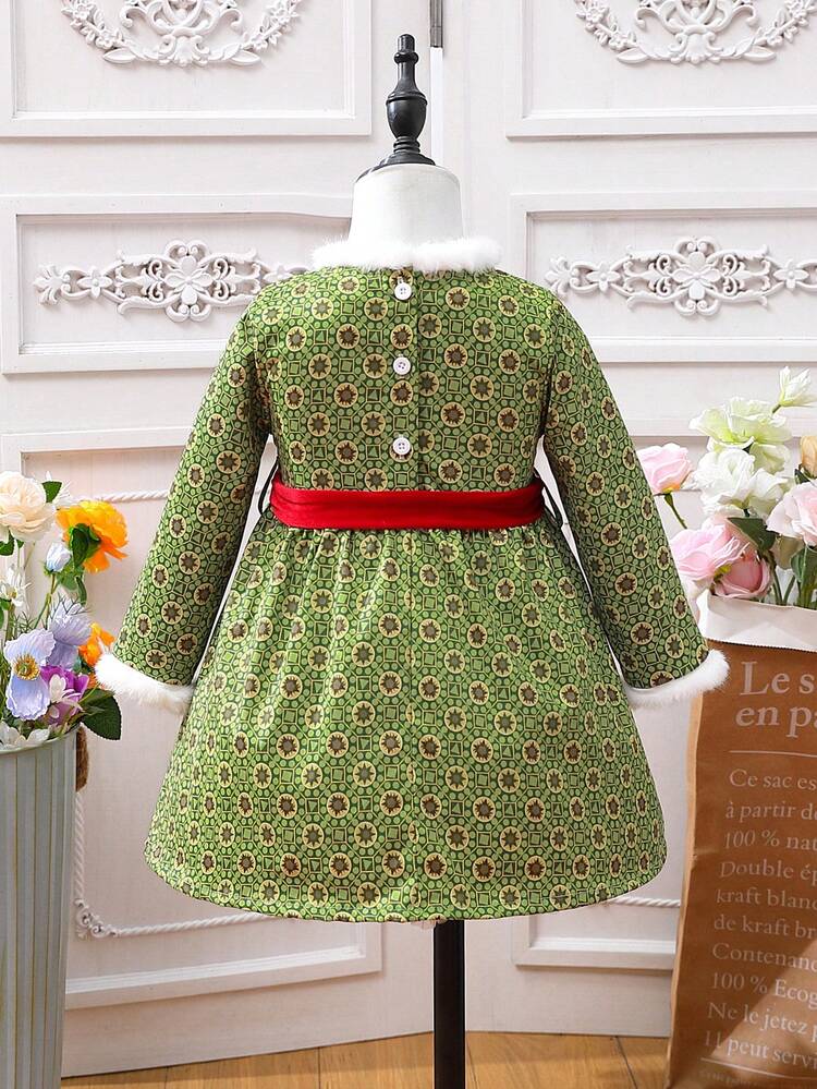 Baby Girls' Plush Geometric Printed Spliced Long Sleeve Dress, Suitable For Outdoor Vacation & Festival, Autumn & Winter