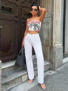 EURMUSE Casual Solid Straight Leg Jeans - White - View 4