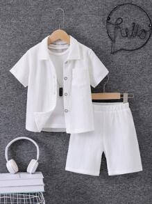 SHEIN 2pcs/Set Young Boy Plain Button Down Shirt & Shorts Set, Suitable For Casual Beach Vacation, Summer