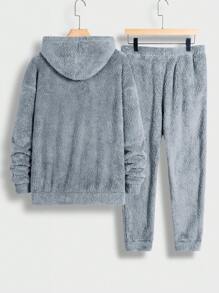 Manfinity RebelGame Men's Hooded Patched Detail Plush Sweatshirt And Long Pants Set - Blue - View 2