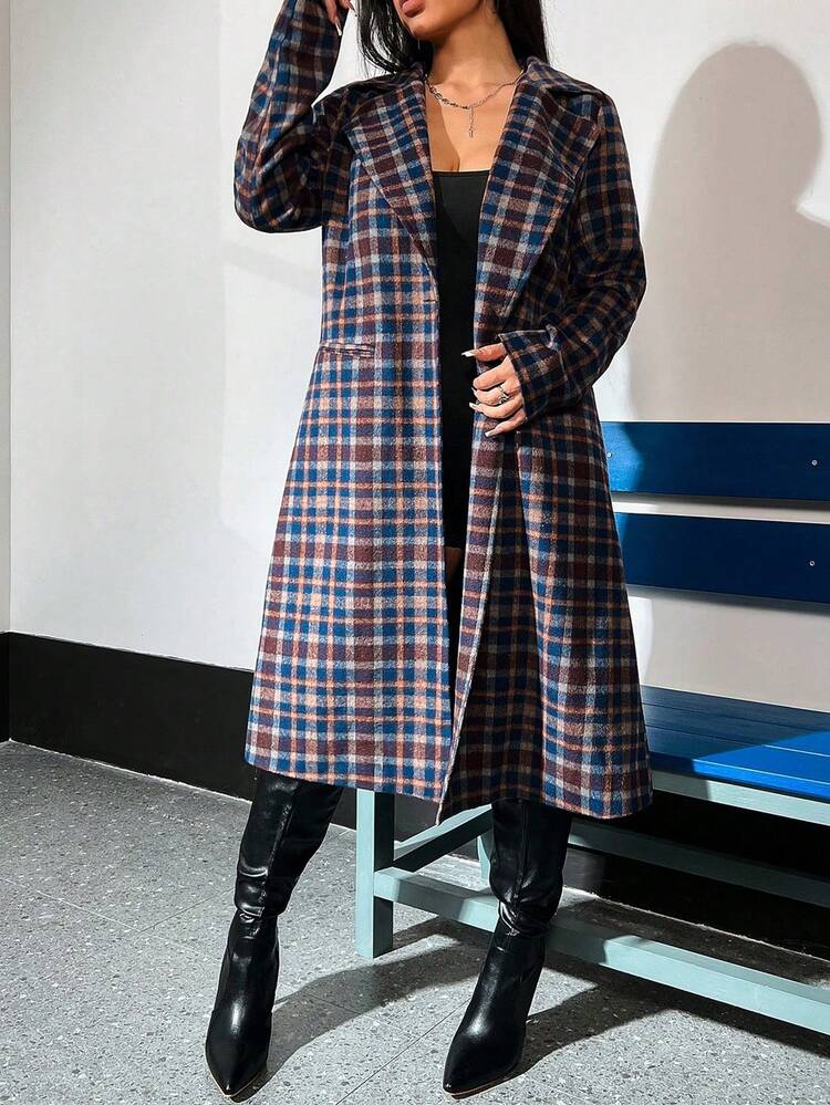 Plaid Turn-down Collar Woolen Coat