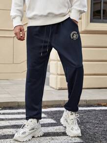 Men's Drawstring Elastic Waistband Jogger Sweatpants With Text Print - Navy Blue - View 1