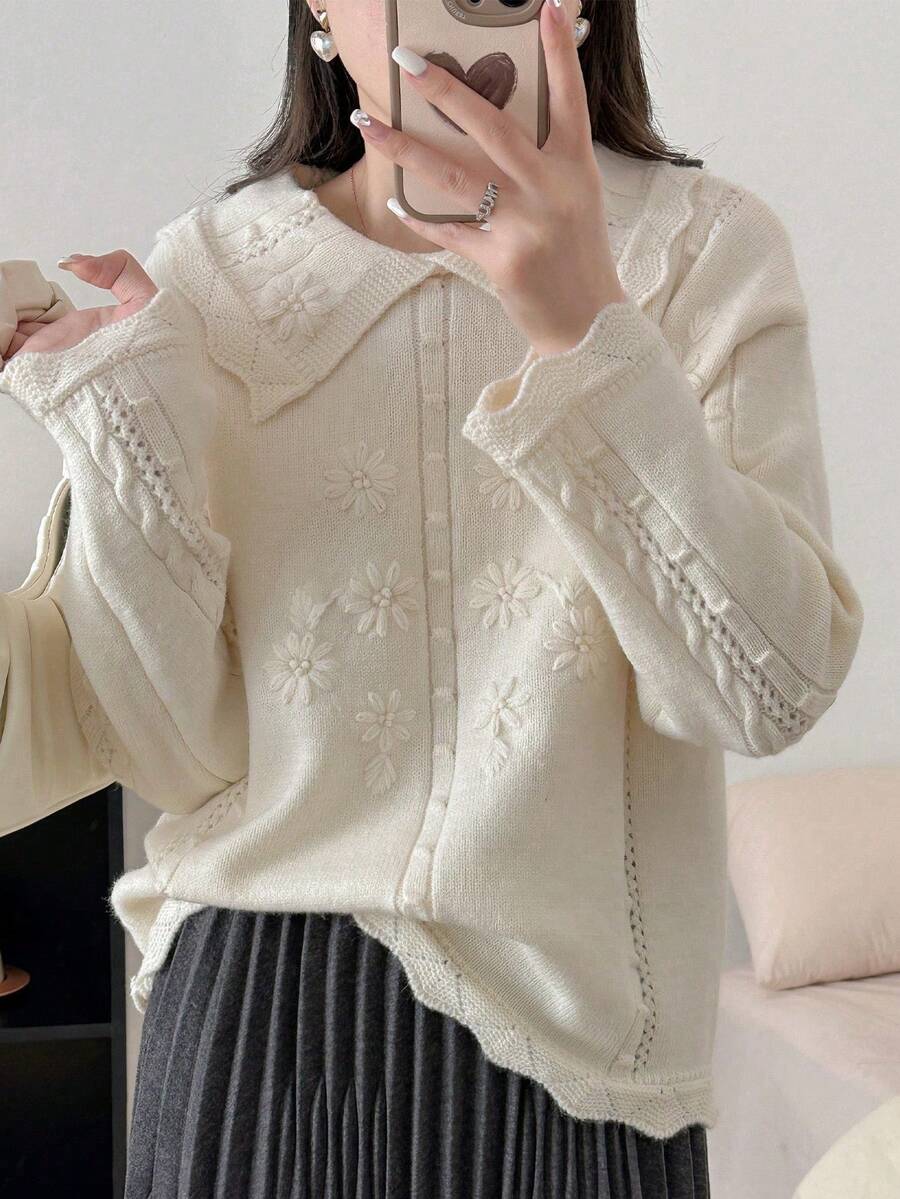 Spring New Vintage Embroidered Floral Knit Sweater, Sweet Oversized Lapel Design, Versatile Gentle Long-Sleeve Top, Elegant And Youthful Korean-Style Women's Fashion