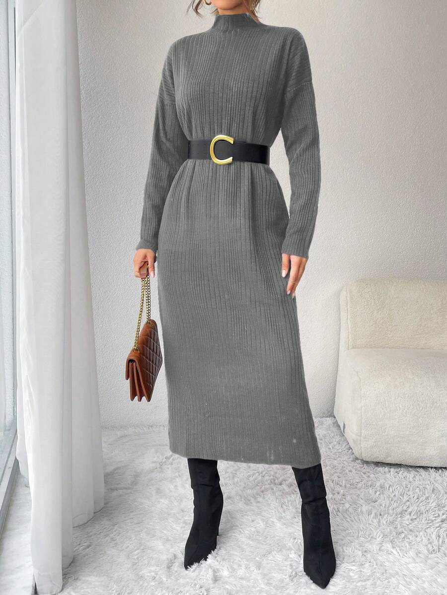 EURMUSE Women'S Stand Collar Drop Shoulder Long Sleeve Rib Sweater Dress - Grey - View 1