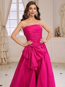 SHEIN Belle Women's Formal Evening Ball Gown With Big Bowknot, Strapless Neckline, Pleats And Flowing (Heavy Model) - Hot Pink - View 6
