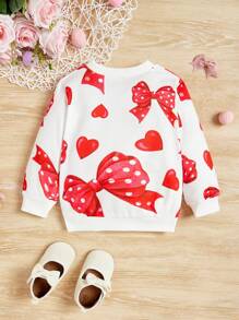 嬰兒女童休閒心形和蝴蝶結印花運動衫,適合旅行和日常穿著 - 紅色 - 查看 2