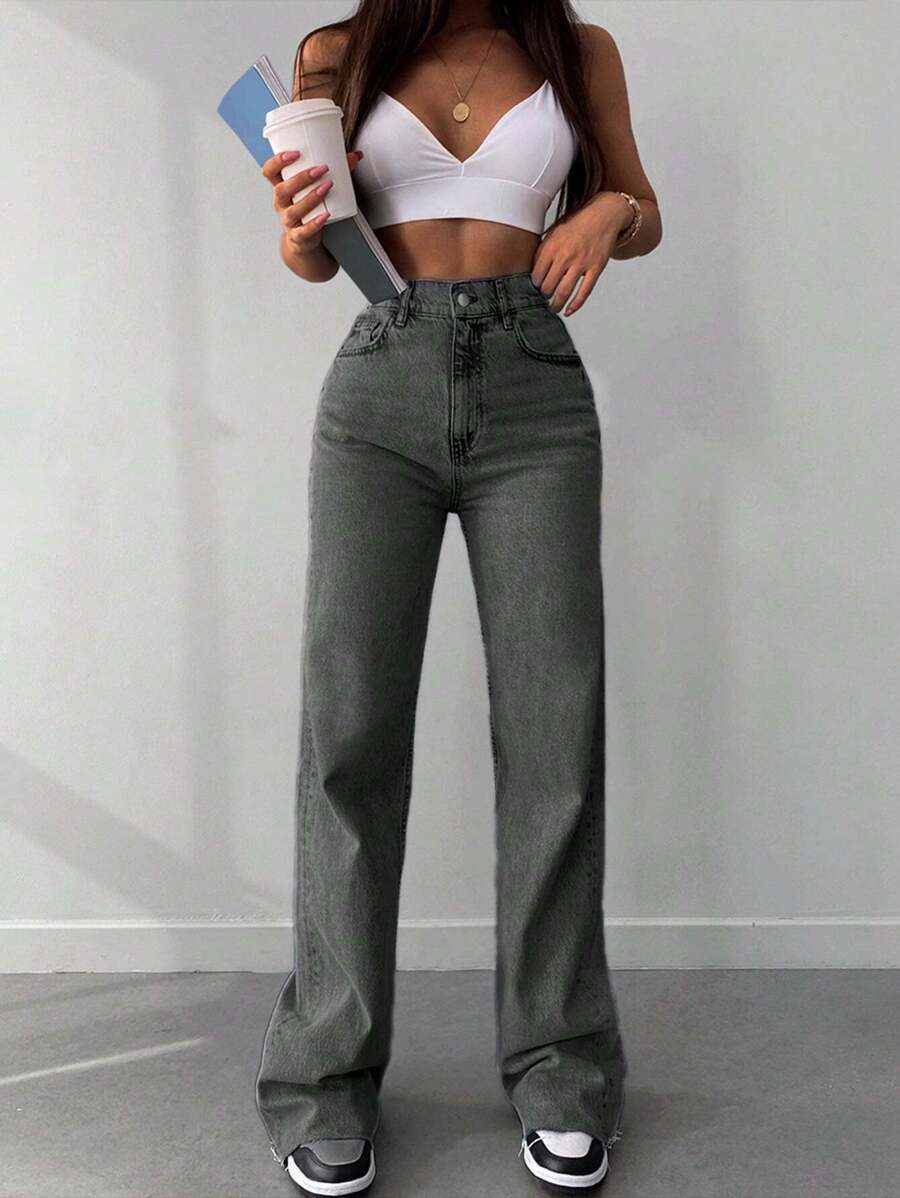 EURMUSE 100%Cotton High Waist Slant Pocket Casual Raw Hem Jeans - Dark Grey - View 1