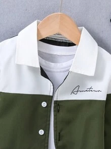 SHEIN Chàng trai trẻ Khối màu Tay áo dài Áo sơ mi Với In thư - xanh quân đội - Xem 3