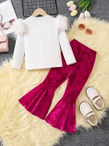 SHEIN 女孩拼布毛茸茸長袖上衣和喇叭褲套裝 - 彩色 - 查看 2