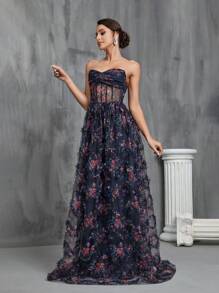 Faeriesty 优雅女士无肩带心形领口花卉网纱面料长款派对礼服，胸部饰有褶皱细节，修身舒适，设计精致永恒，完美适用于红毯、盛大晚宴、婚礼及奢华派对，例如婚宴、化装舞会、神秘花园派对、正式晚宴、黑领结活动、毕业典礼及生日派对等场合，也是春季、夏季度假的理想之选。 - 藏蓝色 - 查看 5
