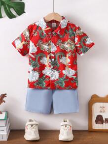 SHEIN 年轻男孩中国龙印花短袖衬衫和短裤套装，情人节度假时尚 - 紅色 - 查看 7