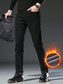男士保暖牛仔裤，秋冬 - 黑色 - 查看 2