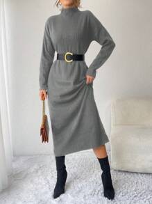 EURMUSE Women'S Stand Collar Drop Shoulder Long Sleeve Rib Sweater Dress - Grey - View 3