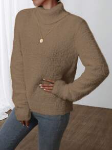 Chiquease Solid Color Turtleneck Knit Pullover Fall Winter Sweater - Brown - View 4