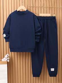 SHEIN 男童拼貼細節運動衫和慢跑褲套裝 - 藏蓝色 - 查看 7