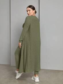 SHEIN Essnce Plus Size Women's Long Sleeve Hollow Out Cardigan Vest And Leggings Set - Army Green - View 2