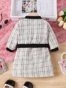 Baby Girls' Stylish Plaid Dress And Colorblock Coat Set - Apricot - View 2