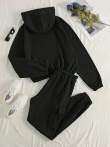 INAWLY Của phụ nữ Màu thuần Thể thao Giản dị Áo nỉ có mũ Bộ - màu đen - Xem 7