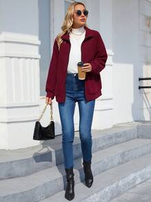 SHEIN EZwear 純色立領落肩休閒夾克 - 紅色 - 查看 5