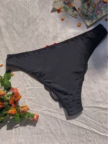 大尺碼蕾絲拼接蝴蝶結裝飾內褲 - 黑色 - 查看 2