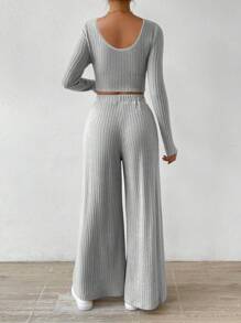 SHEIN Essnce Women'S Ribbed Long-Sleeved T-Shirt And Wide-Leg Trousers Two-Piece Set - Grey - View 2
