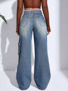 SHEIN Pantalones Cargo De Mezclilla Para Mujer Con Bolsillos - Lavado ligero - Ver 3