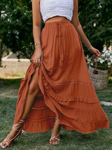 Simplee Casual Vacation Western Style Women's Loose Flounce Hem Skirt, Red Skirt - Red - View 3