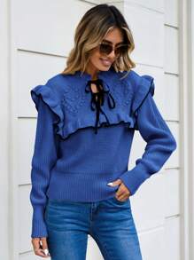 SHEIN Cottnline Women's Color Block Knitted Sweater, Embellished With Ruffle Layer And Tie Detailing - Blue - View 4