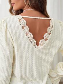 SHEIN Clasi Women's Lace Patchwork V-neck Texture T-shirt - Apricot - View 6