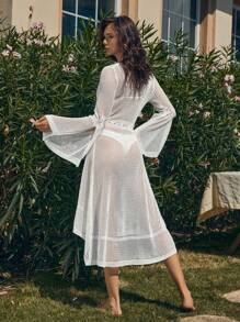 SHEIN Swim Chicsea Solid Color High Side Slit Long Sleeve Kimono Style Cover-Up Summer - White - View 2