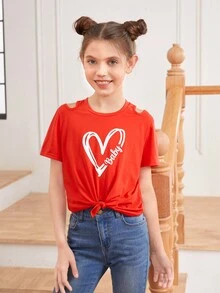 少女心形图案圆领扭结宽松休闲T恤（母女装，两件分开出售） - 紅色 - 查看 2