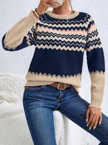 EMERY ROSE 几何图案插肩袖针织套头衫秋冬毛衣 - 彩色 - 查看 6