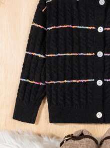 SHEIN Little Girls' Knitted Cardigan With Color Block Pattern - Black - View 3