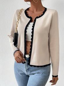 SHEIN LUNE Thời gian rảnh rỗi Của phụ nữ Curvy Cạnh Tay áo dài Áo len Mở - Đen và trắng - Xem 3