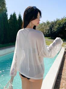 DAZY 一件式V领落肩罩衫，夏季薄纱，沙滩女装度假装 - 白色 - 查看 2