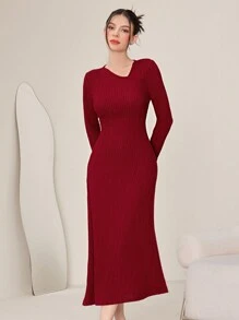 Modelyn Váy dài tay bồng bềnh màu đỏ tía - Màu Đỏ Sâu - Xem 1