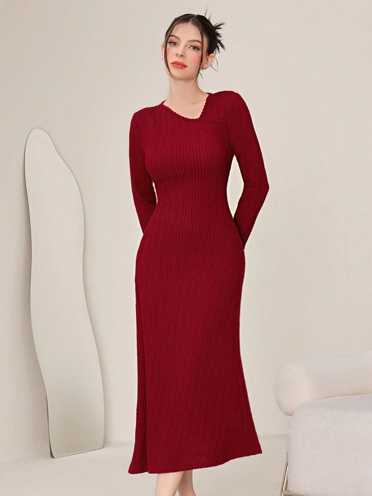 Burgundy Red Fuzzy Cuff Long Sleeve Dress Long Evening Dresses