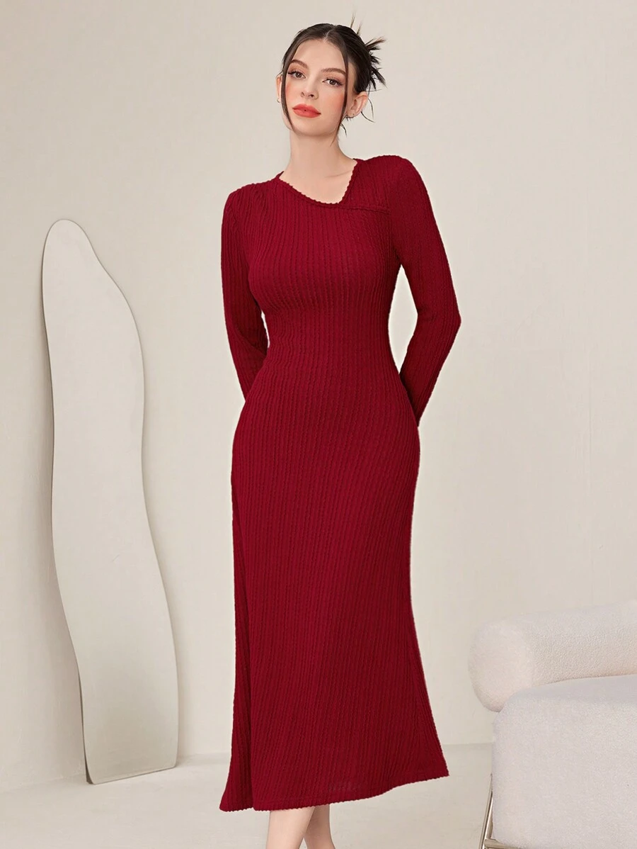 Modelyn Váy dài tay bồng bềnh màu đỏ tía - Màu Đỏ Sâu - Xem 1