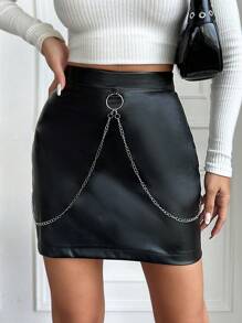 SHEIN Cottnline Women's Pu Leather Skirt With Chain Detail - الأسود - مشاهدة 4