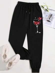 SHEIN EZwear Của phụ nữ Dây rút Chạy bộ Quần Với Ly rượu In Mẫu - màu đen - Xem 6
