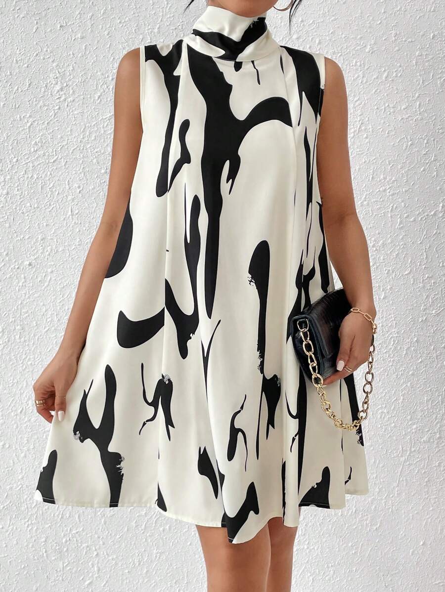 RosyDaze Women's Sleeveless Print High Neck Tie Waist Dress - Multicolor - View 1