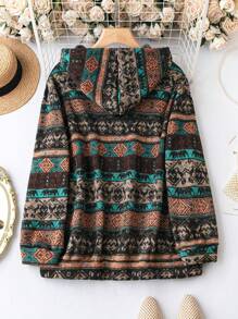 EMERY ROSE 加大码全印花抽绳套头卫衣秋季卫衣 - 咖啡棕 - 查看 2