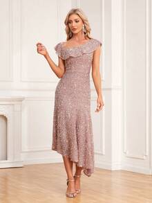 Asymmetrical Shoulder Sequin Asymmetrical Hem Party Dress - Khaki - View 3