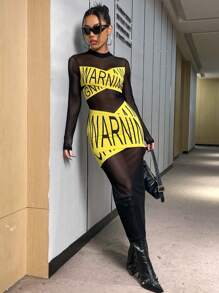 SHEIN Unity 女款字母印花網眼連身裙 - 黑色 - 查看 4