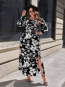 SHEIN Clasi Plus Size Women'S Floral Printed Side Slit Dress - Black and White - View 5