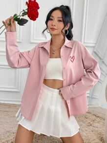 SHEIN Qutie 女款心形印花長袖襯衫 - 粉色 - 查看 5