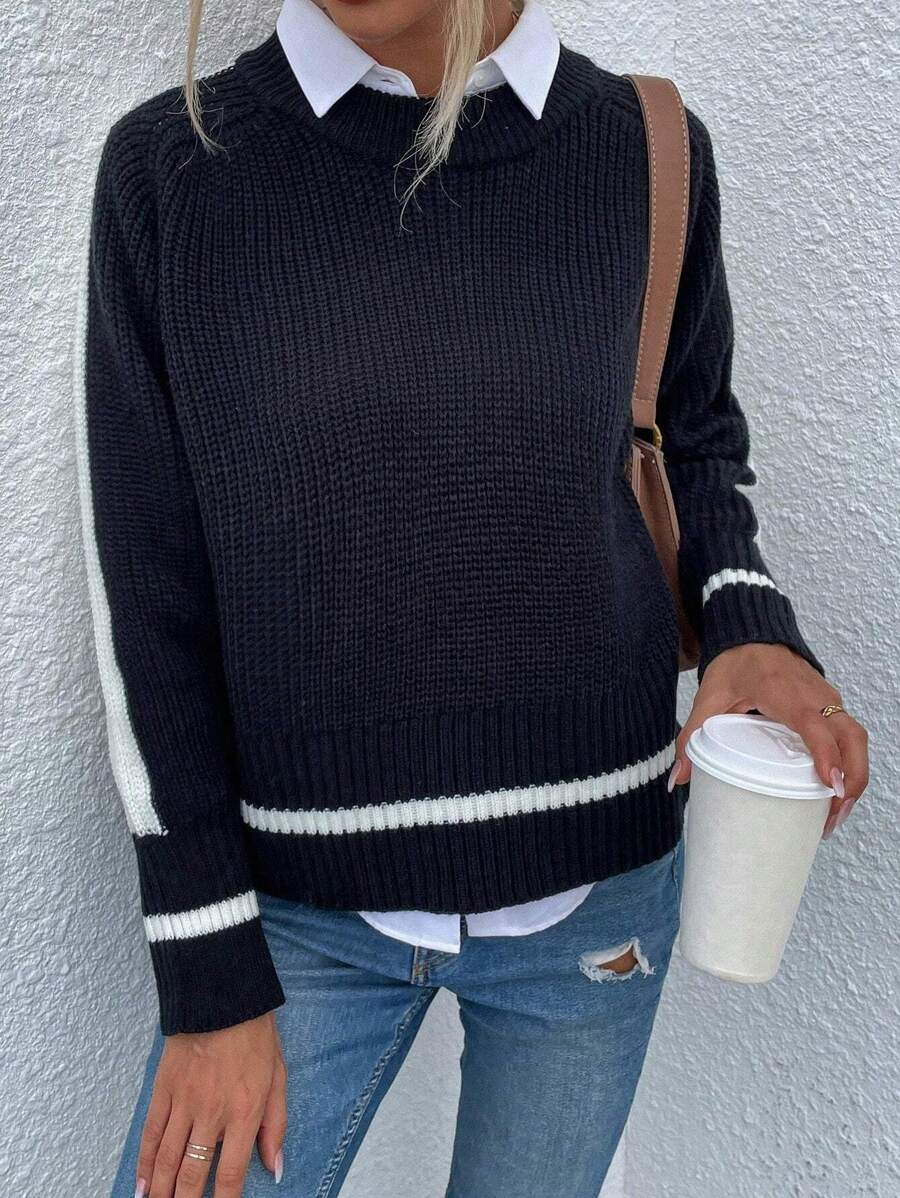 SHEIN LUNE 1 chiếc áo len tay raglan kiểu dáng thường ngày, thích hợp cho mùa thu đông. - màu đen - Xem 1